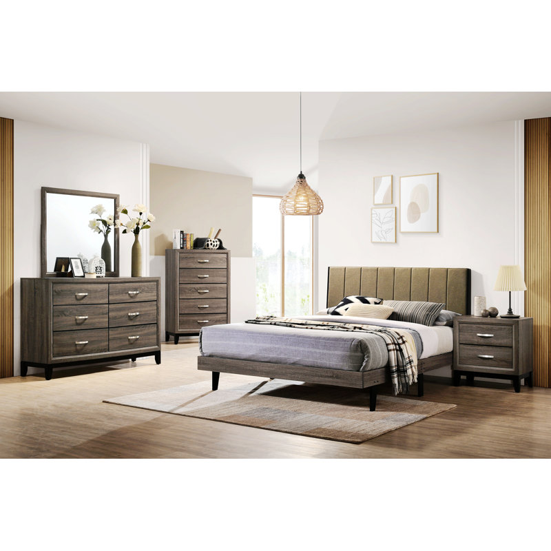 Lit à structure en bois, tissu avec espace de rangement