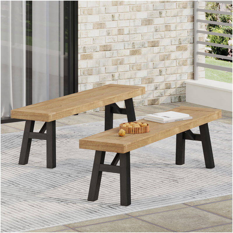 Outdoor Bench With Slat Panel Design And Acacia Wood Frame(Set Of 2), Natural And Grey