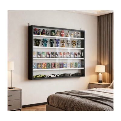 Vitrine murale en verre avec porte transparente et cadre noir pour objets de collection et souvenirs