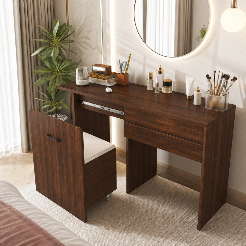 Coiffeuse pliable 3 en 1 avec miroir et tabouret de rangement, Noyer