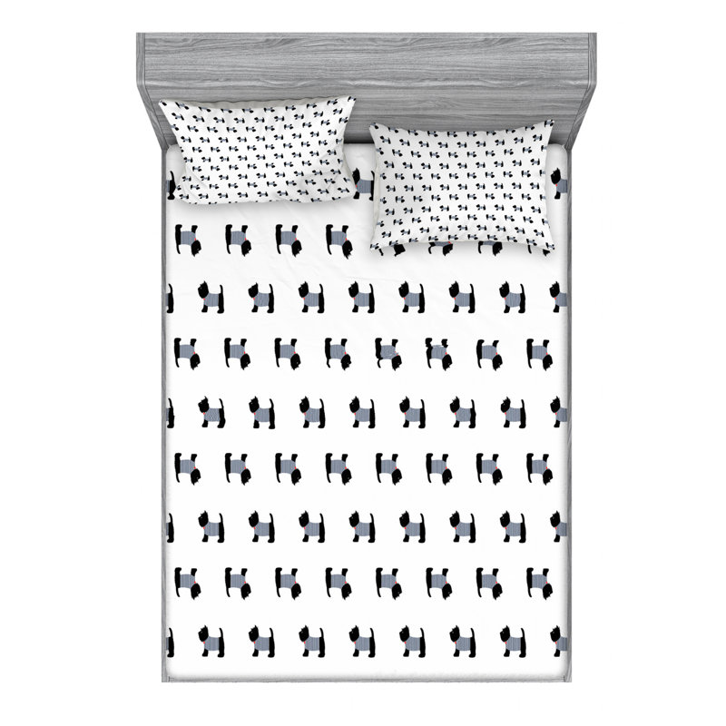 Scottie Microfiber Patterned Fitted Sheet, Queen Fitted Sheet with 2 Pillowcases