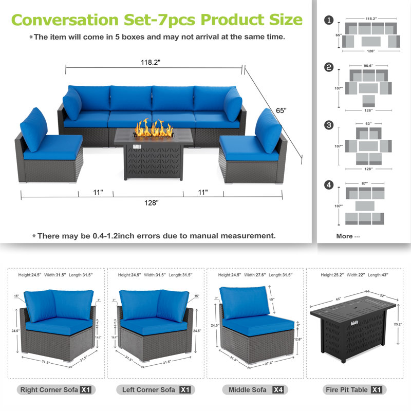 7 Piece Sectional Seating Group With Cushions, Royal Blue