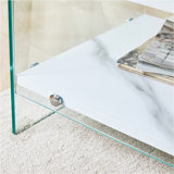 Bedside table with drawers. The board surface is MDF with white grain sticker, and both sides are transparent tempered glass. The design is simple and elegant, with excellent storage functions.