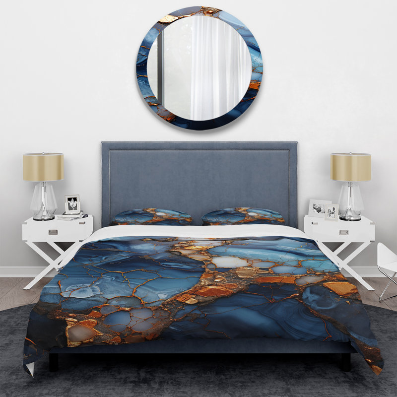 Ensemble de housse de couette abstraite or et bleu mosaïque en marbre VI, Housse de couette simple + 1 taie décorative stan