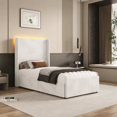 Corduroy Upholstered Platform Bed With Drawers, LED Light, Wingback Headboard, And Footboard, No Box Spring Needed