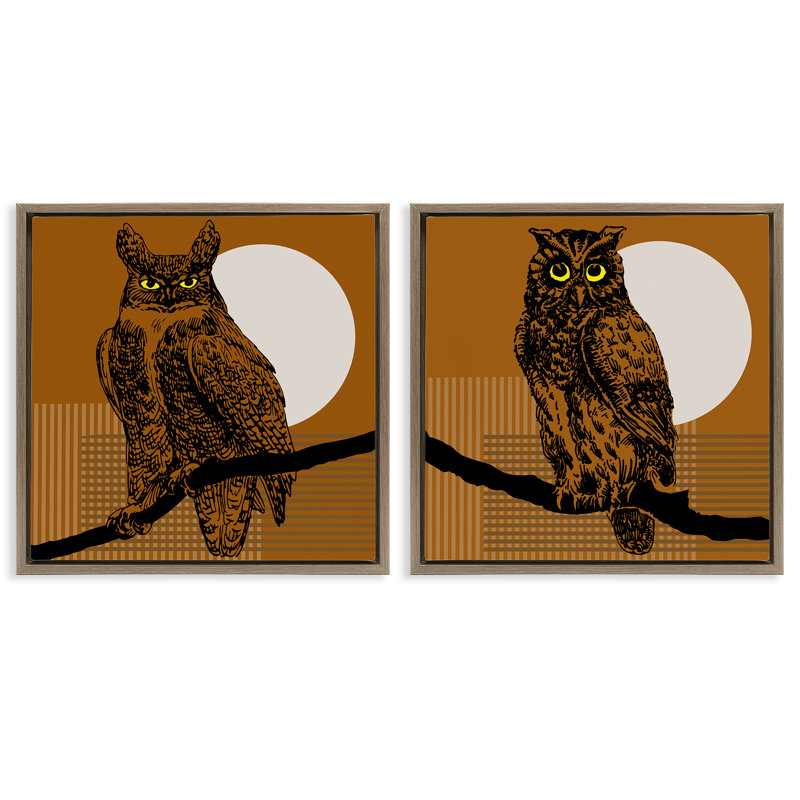 «Full Moon Owls on Branch», ensemble de 2 toiles flottantes encadrées par Regina Moore, H 18 po x l 18 po