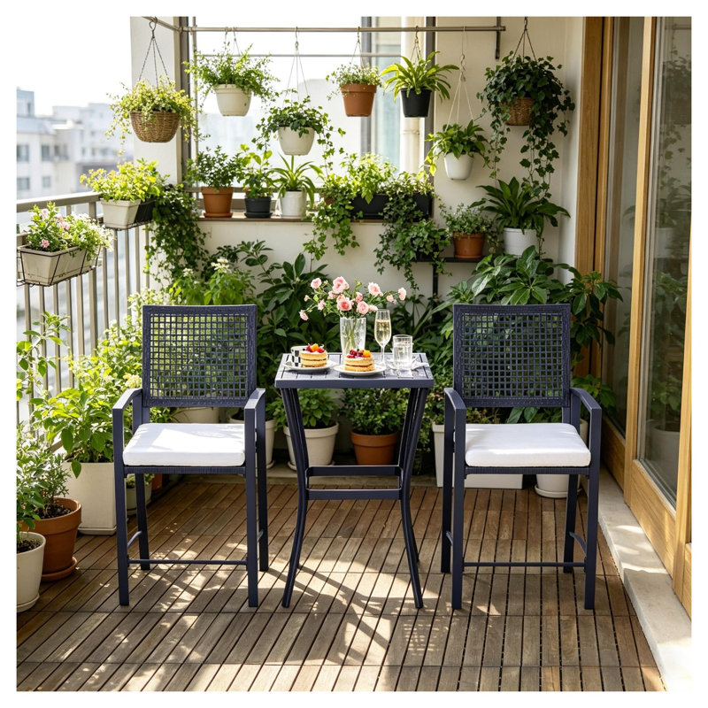 3-Piece Outdoor Wicker Bar Set with High Table and Stools, Black and Cream White