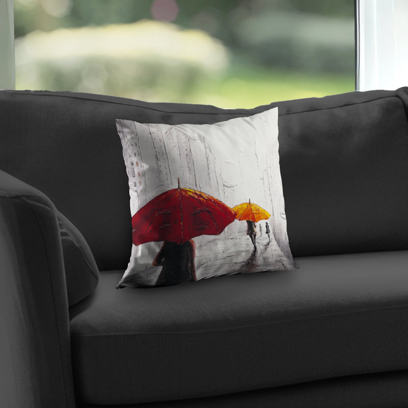 Passersby with Umbrellas Throw | Red Living Room – Throw Pillow Cover Only, Double-Sided Print, Insert Not Included