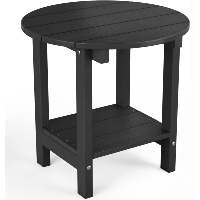 18" Round Outdoor Side Table HIPS Adirondack Patio Table with Storage Shelf 2-Tier Plastic Adirondack End Table for Patio, Backyard or Balcony, Black