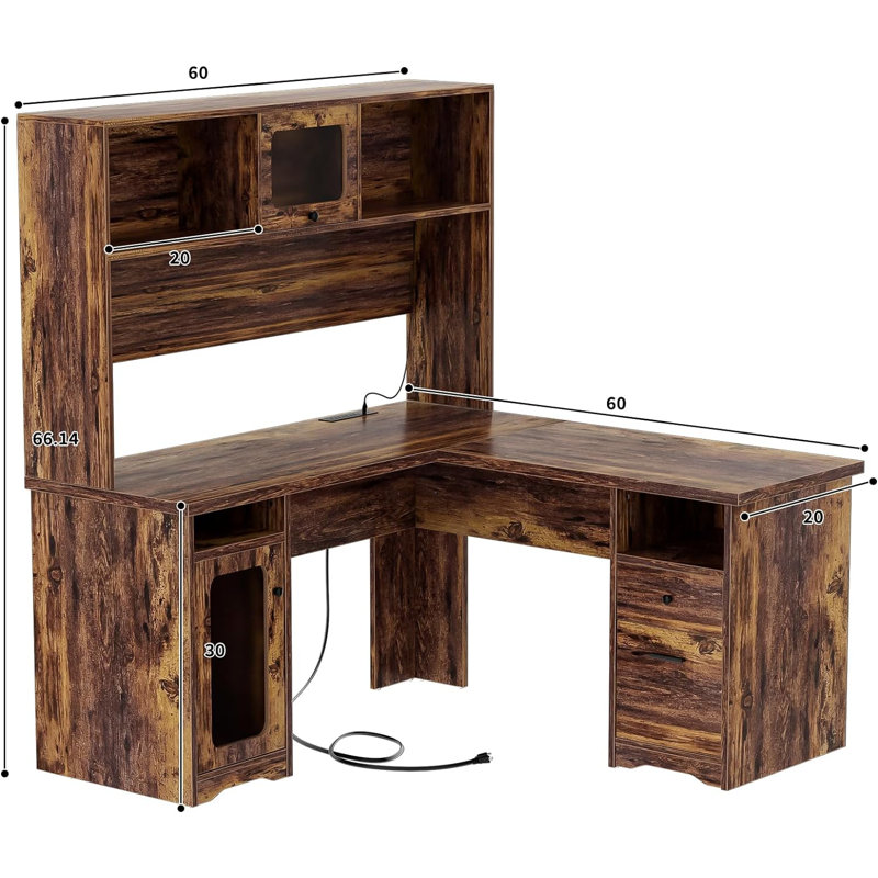 Vello L Shaped Desk with Drawers, Office Desk with Power Outlet, LED Lights, Hutch and File Cabinets, Rustic Brown