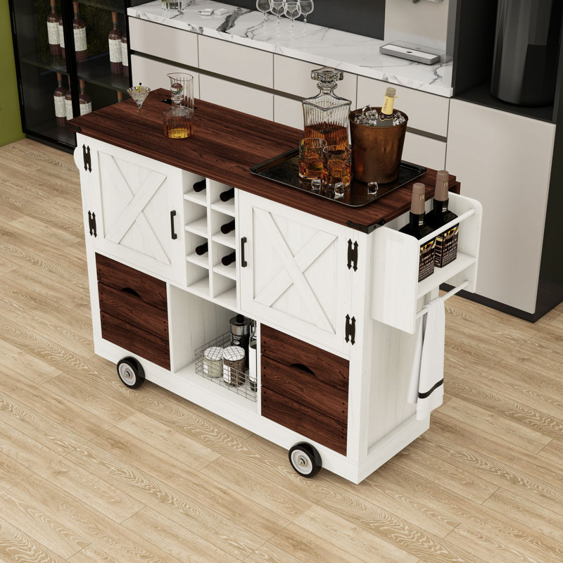 Îlot de cuisine roulant avec 2 tiroirs, abattant, porte-bouteilles et portes, Blanc