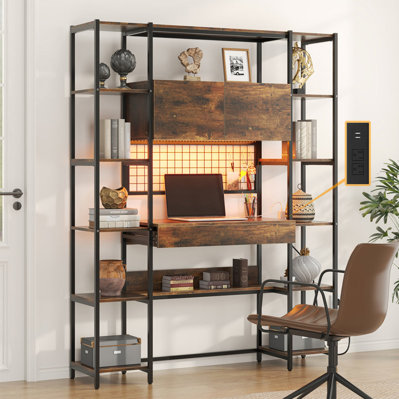 Grande bibliothèque à 5 niveaux, bibliothèque de 71,1 po de hauteur avec bureau à domicile, lumières RVB et prise de courant, grande tablette avec tiroir et armoire de rangement et 12 tablettes de rangement, pour le bureau personnel