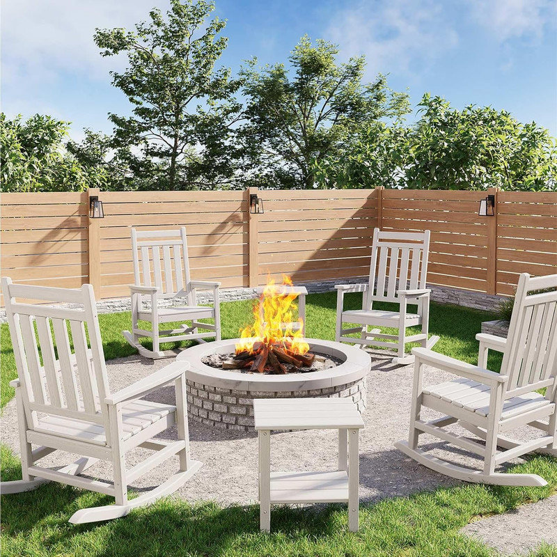 Set Of 2 Hdpe Outdoor Rocking Adirondack Chairs With Side Table, Poly High Back, 350 Lbs Capacity All-Weather Patio Furniture For Front Porch, Garden