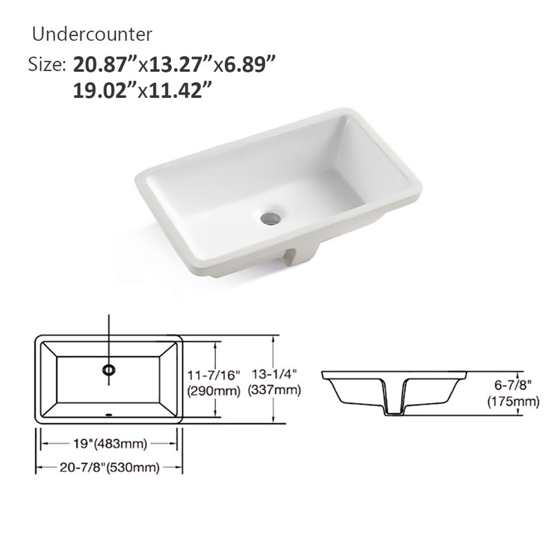 Lavabo de salle de bain encastré rectangulaire en céramique blanche avec trop-plein airand
