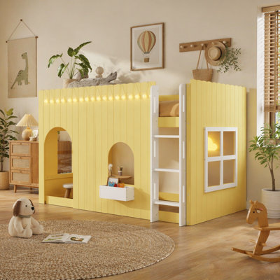 Lit mezzanine simple pour enfant avec guirlande lumineuse DEL jaune primevère