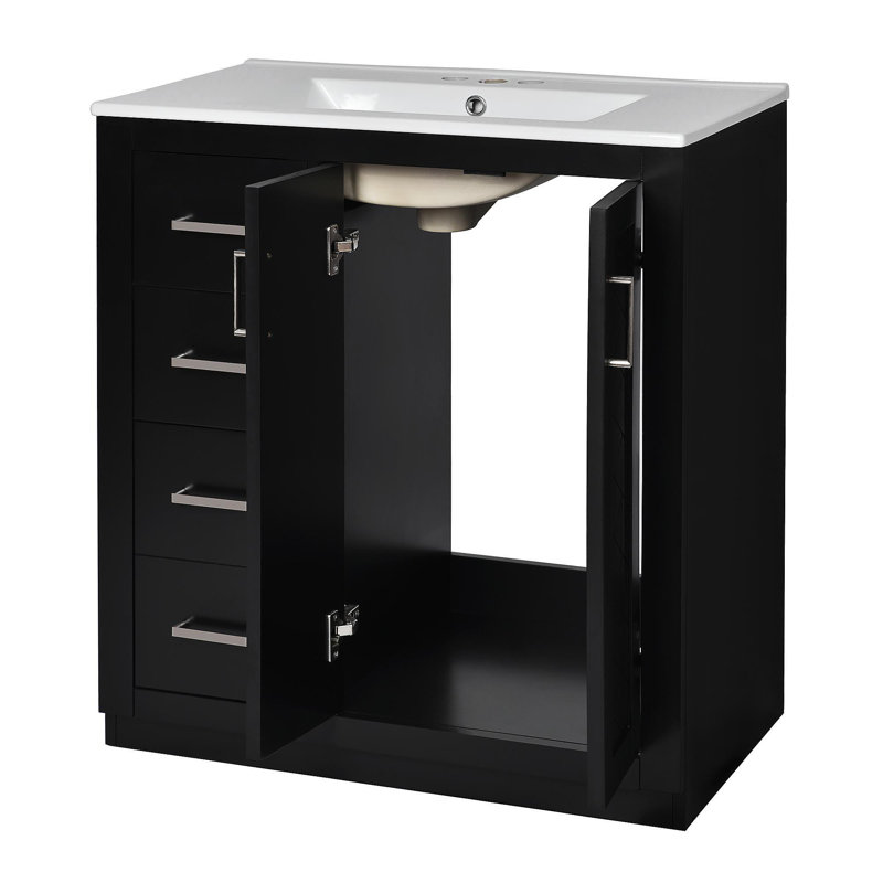 Ensemble de meuble-lavabo 30 po avec lavabo en céramique, armoire de rangement en bois massif, ensemble de meuble-lavabo autoportant avec 3 tiroirs et portes à fermeture douce