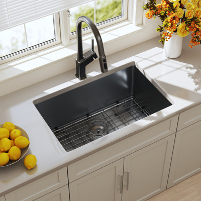 Blenzia 27 Inch Black Undermount 16 Gauge Stainless Steel Handmade Single Bowl Kitchen Sink with Strainer & Grid 27" x 18" x 9"