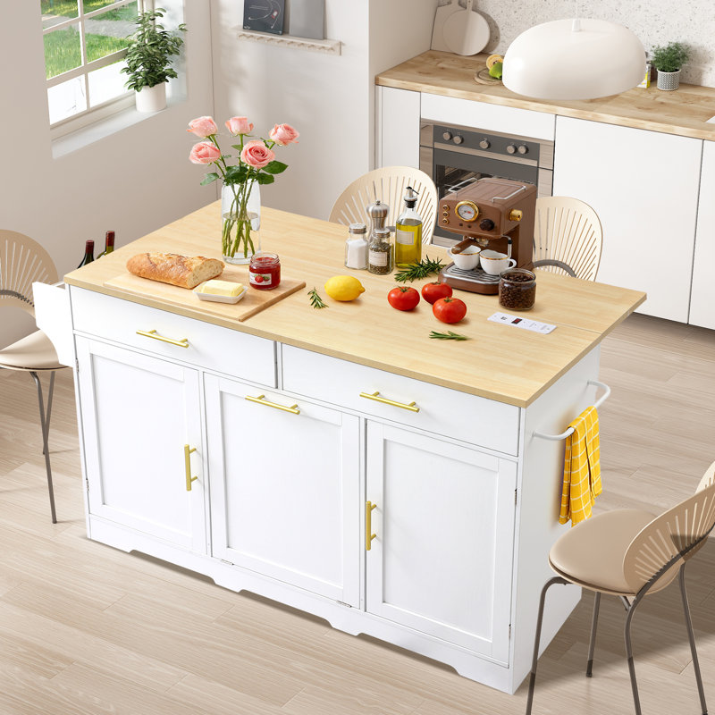 Kitchen Island With Storage On Wheels, Portable Island Table For Kitchen W/drop Leaf & Power Outlet, Rolling Island Cart W/trash Storage Cabinet, Drawers, Spice Towel Rack And Hooks