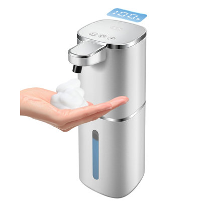 Distributeur automatique de savon moussant sans contact, affichage numérique, rechargeable, 9 niveaux réglables, bouton physique, étanche, 383 ml, distributeur mural pour savon pour les mains et la vaisselle, salle de bain, cuisine, (argenté)