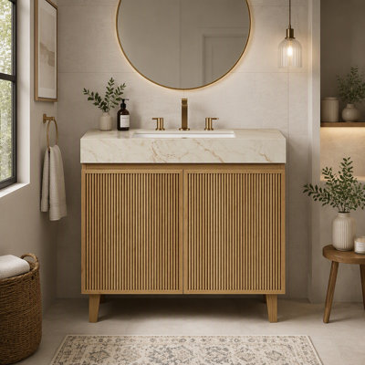 36-Inch Freestanding Bathroom Vanity with Cream Gold Vein Sintered Stone Top, Ceramic Basin and Three Pre-Drilled Faucet Holes