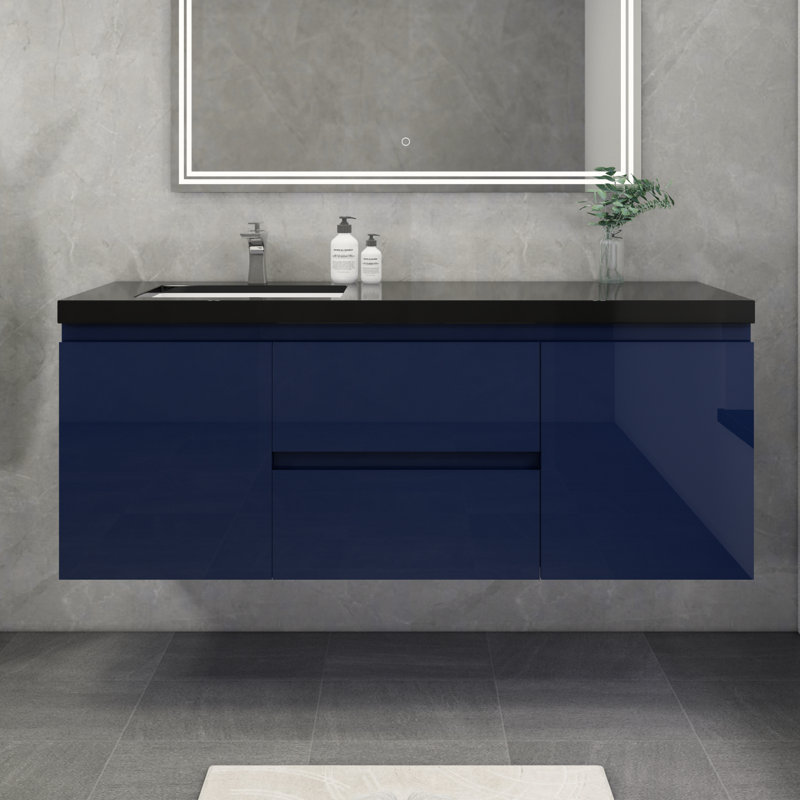 Castin 60" Wall-Mounted Single Left Sink Bathroom Vanity Set, Glossy Blue