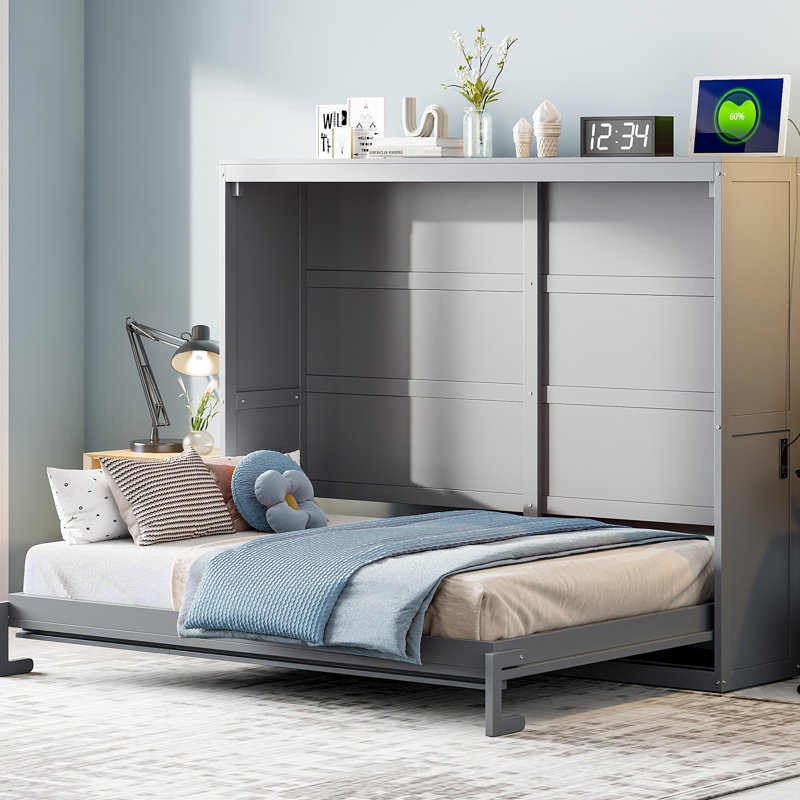Grand lit escamotable en gris - idéal pour les petits espaces sans sommier tapissier, ce qui permet d'économiser de l'espace et d'offrir un espace de couchage confortable