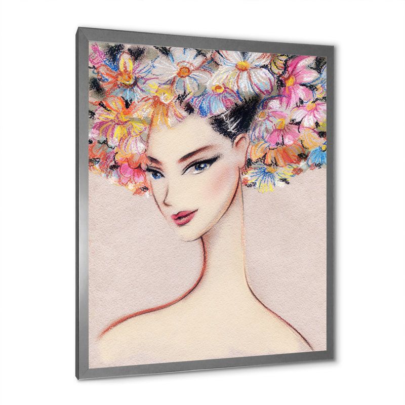 «Floral Fashion Woman Portrait», art mural sur toile Glam, H 36 po x l 24 po x P 1 po, Cadre photo argenté