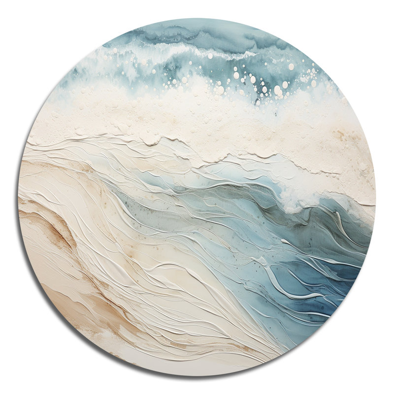 Bleu moderne et beige sable, vue aérienne V - plage, art en métal rond, H 23 po x l 23 po