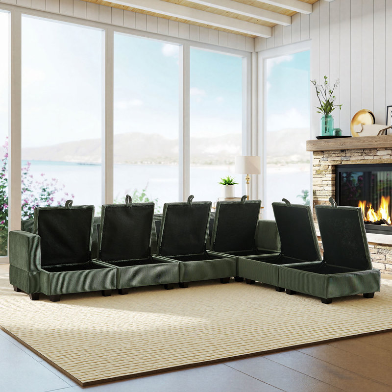 Canapé modulaire en velours côtelé de 114 po avec sièges de rangement cachés pour salon moderne, Velours côtelé vert