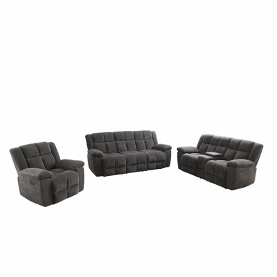 Dark Grey Striped Fabric Recliner Sofa Set, 3-Piece Intelligent Living Room Furniture With Storage, Cup Holders, And Adjustable Reclining