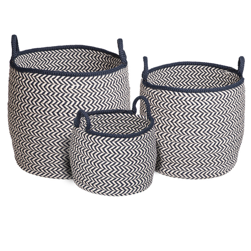 White and Navy Chevron Patterned Round Polypropylene Storage Basket