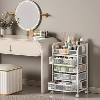 Rangement à 4 tiroirs avec roulettes - Rangement de meuble-lavabo blanc pour soins de la peau, parfums, brosses et vernis à ongles