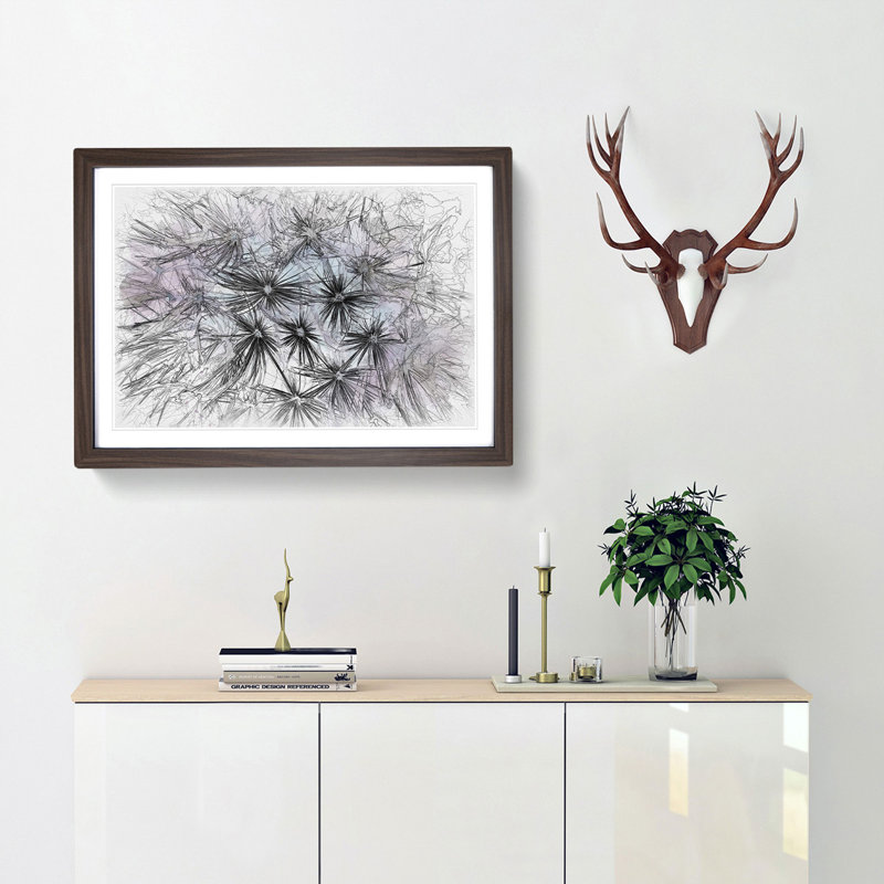 Dandelion Seeds in Blue & Pink - Picture Frame Graphic Art Print, 45cm H x 63cm W x 2cm D, Walnut Framed