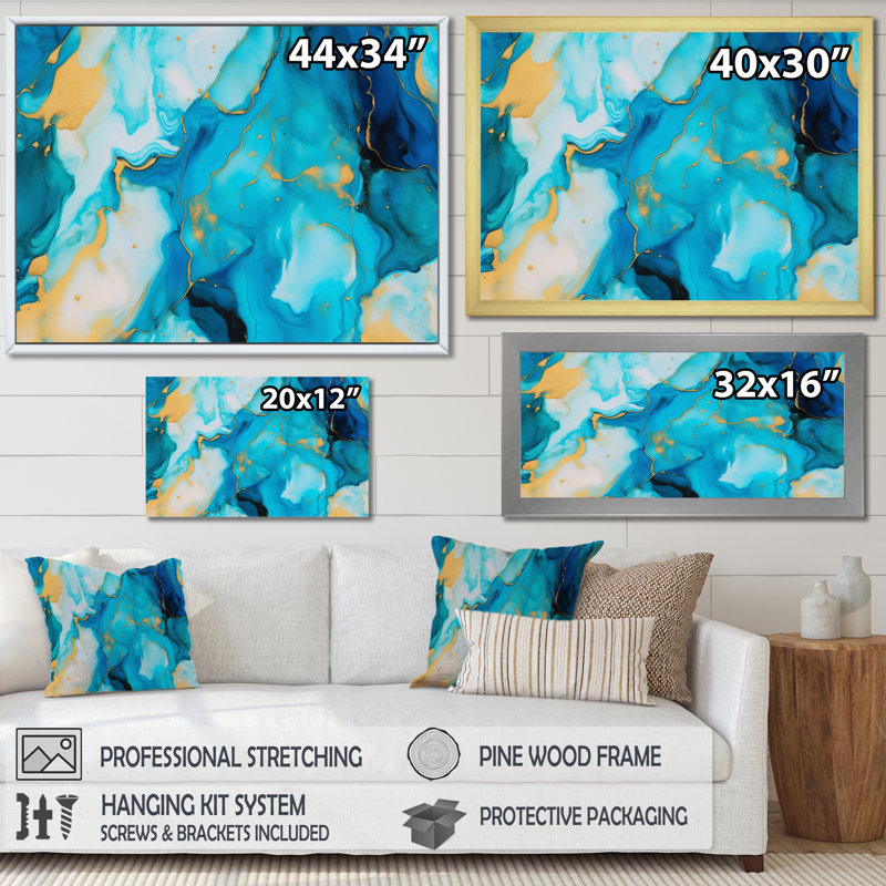 «Turquoise Luxury Abstract Fluid Art IV», reproduction d'art sur toile encadrée abstraite, H 12 po x l 20 po x P 1 po