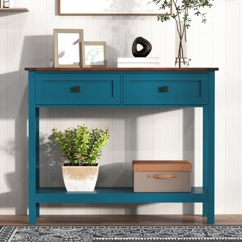 Farmhouse Style Console Table With 2 Drawer And Bottom Storage Shelf For Entryway, Pagoda Blue