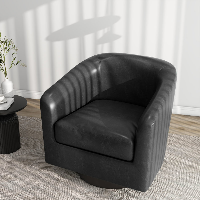 Applewold Upholstered Black Faux Leather Swivel Barrel Chair with Solid Wood Base, Black Faux Leather