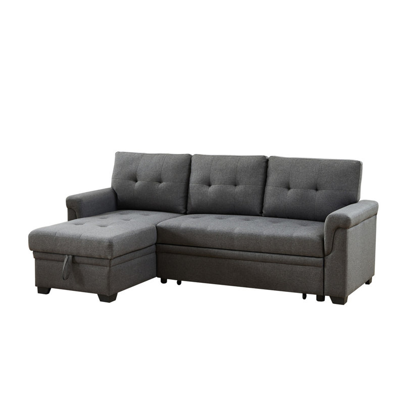 Sierra 84" Dark Gray Linen Reversible Sleeper Sectional Sofa With Storage Chaise, Dark Gray Linen