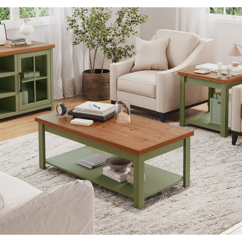 Table basse 48 pouces style campagne moderne avec finition bicolore et roulettes, aucun assemblage requis
