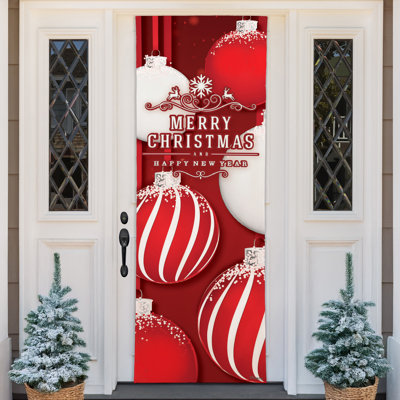 Christmas Door Wrap Decoration - Red Ornaments - 80" X 26" Front Door Cover