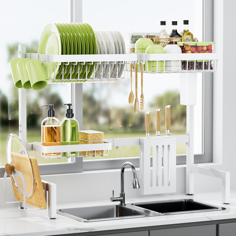 Over The Sink Dish Drying Rack - 30.0" to 33.9"x21.5", Adjustable Sink Drying Rack for Kitchen Sink with Multifunctional Baskets, White