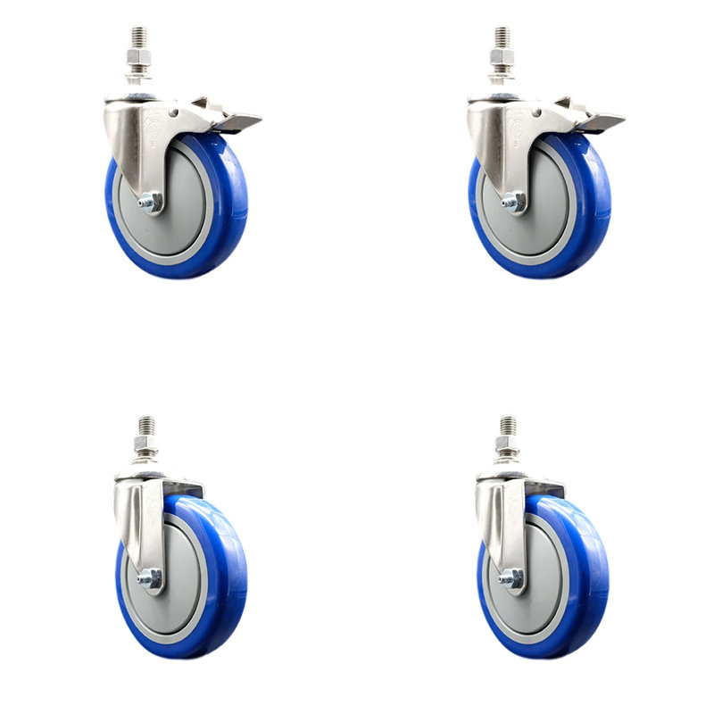 Ensemble de roulettes à tige filetée 5 pouces en polyuréthane bleu 10mm 10mm