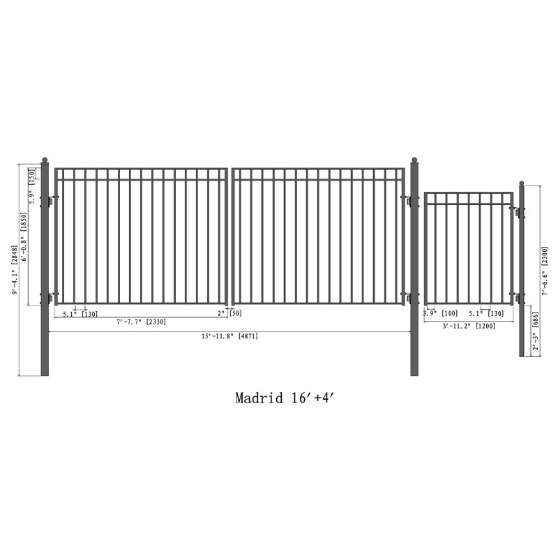 Barrière d'allée à double battant en acier Madrid avec barrière pour piétons, H 72 po x l 252 po