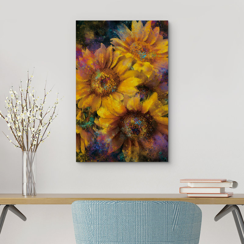 Tournesol jaune tournesol peinture effet fleurs multicolore rustique rétro décoration murale botanique et florale