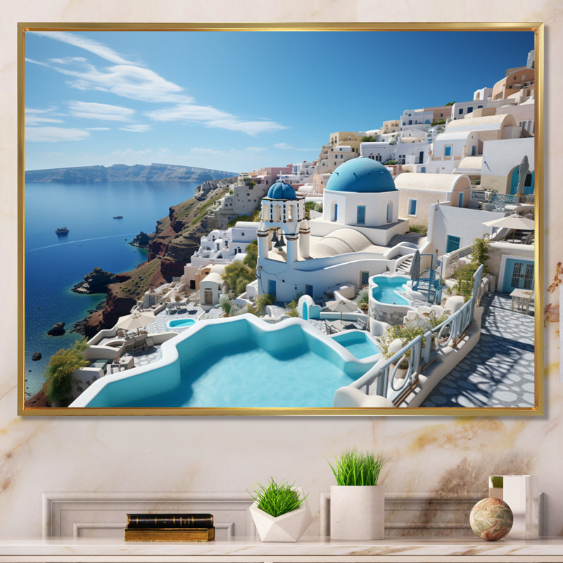 Grèce «Santorini Dreams I», art mural grand de Grèce, H 34 po x l 44 po x P 1,5 po, Cadre flottant doré
