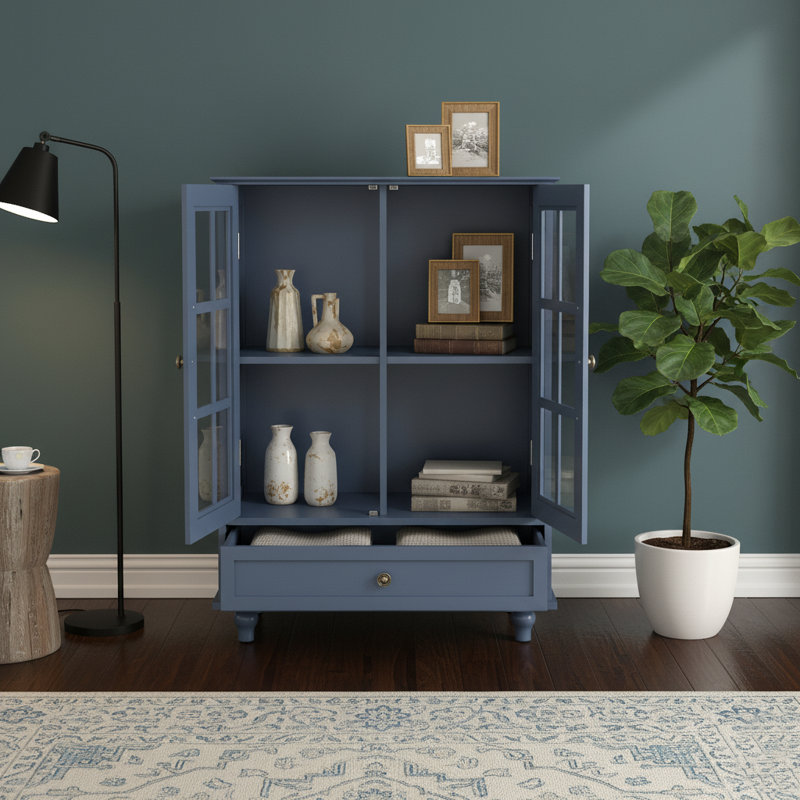 Minimalist Blue Buffet Cabinet With Glass Doors And Drawer, Modern Sideboard For Living Room Or Dining Room