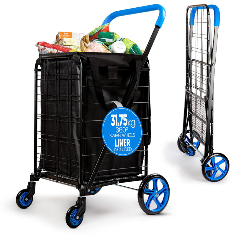 Serenelife Small Foldable Shopping Cart With Removable Cart Liner, 360 Degree Rolling Swivel Wheels, 70 Lbs. Weight Capacity For Groceries, Laundry And Luggage (Blue)