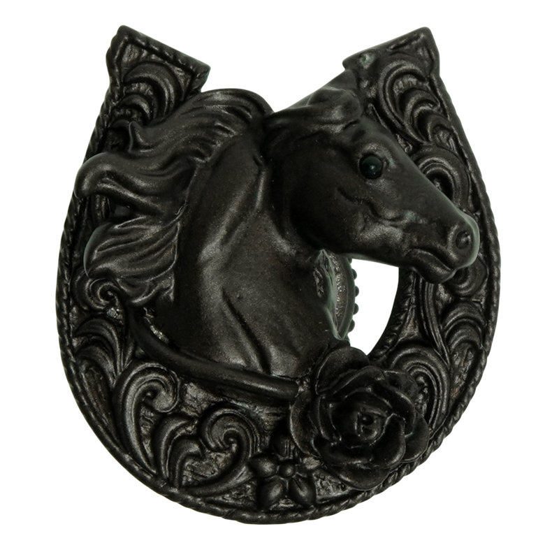 Cheval Americana dans un fer à cheval avec un bouton rose en finition bronze, Bronze