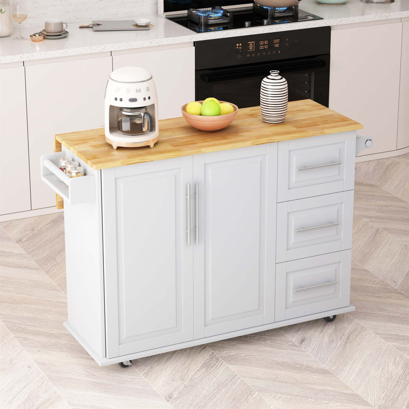 Chariot d'îlot de cuisine polyvalent avec armoire à 2 portes, trois tiroirs et bureau extensible pour un rangement et une mobilité accrus