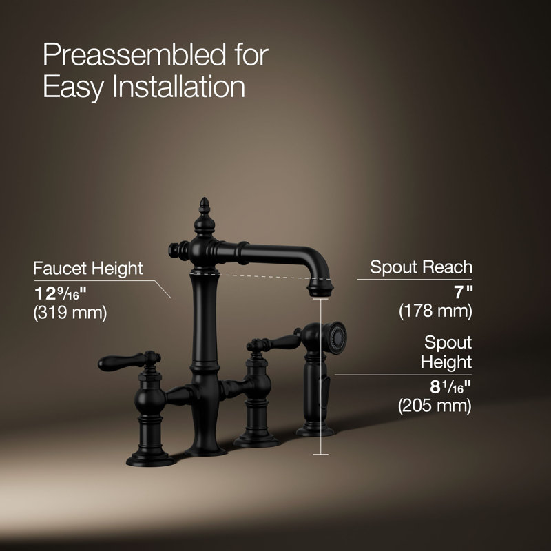 Artifacts® Bridge Faucet with Side Spray, Lever Handle, Matte Black