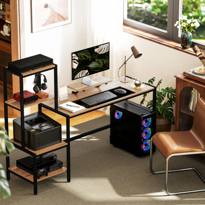 Bureau d'ordinateur 67 po avec support pour écran, bureau à domicile réversible à 4 niveaux avec tablette pour imprimante ou support pour unité centrale, bureau d'écriture industriel, brun